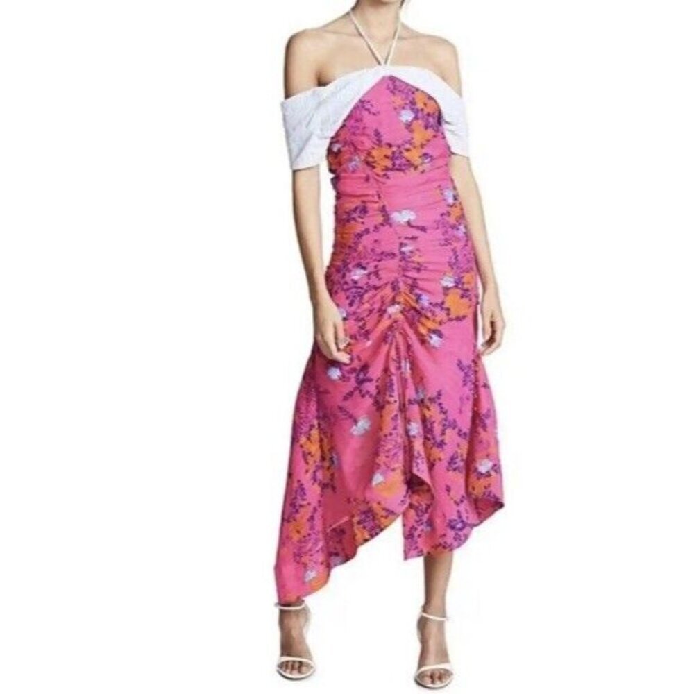 Tanya Taylor Sz 0 Dress Virginia Pink Floral Off Shoulder Halter Asymmetric Midi